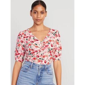 Sz 2X OLD NAVY White Red Floral Stretch Crepe Shirred Front & Slvs Short Slv Top